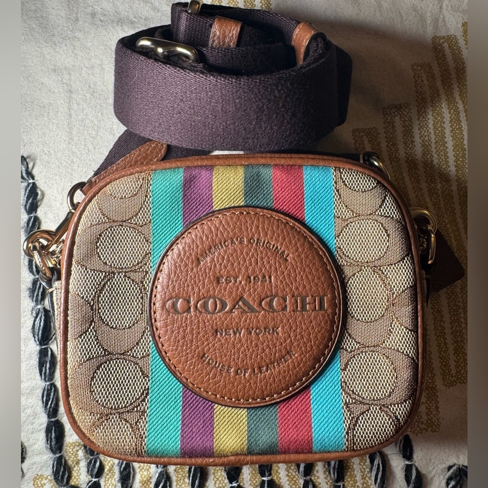 Coach Brown Mini Dempsey Camera Bag With Multicolor Stripe Detail
